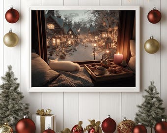 Christmas Village Window Cat Art Print: Cozy Winter Evening (Digital Download)
