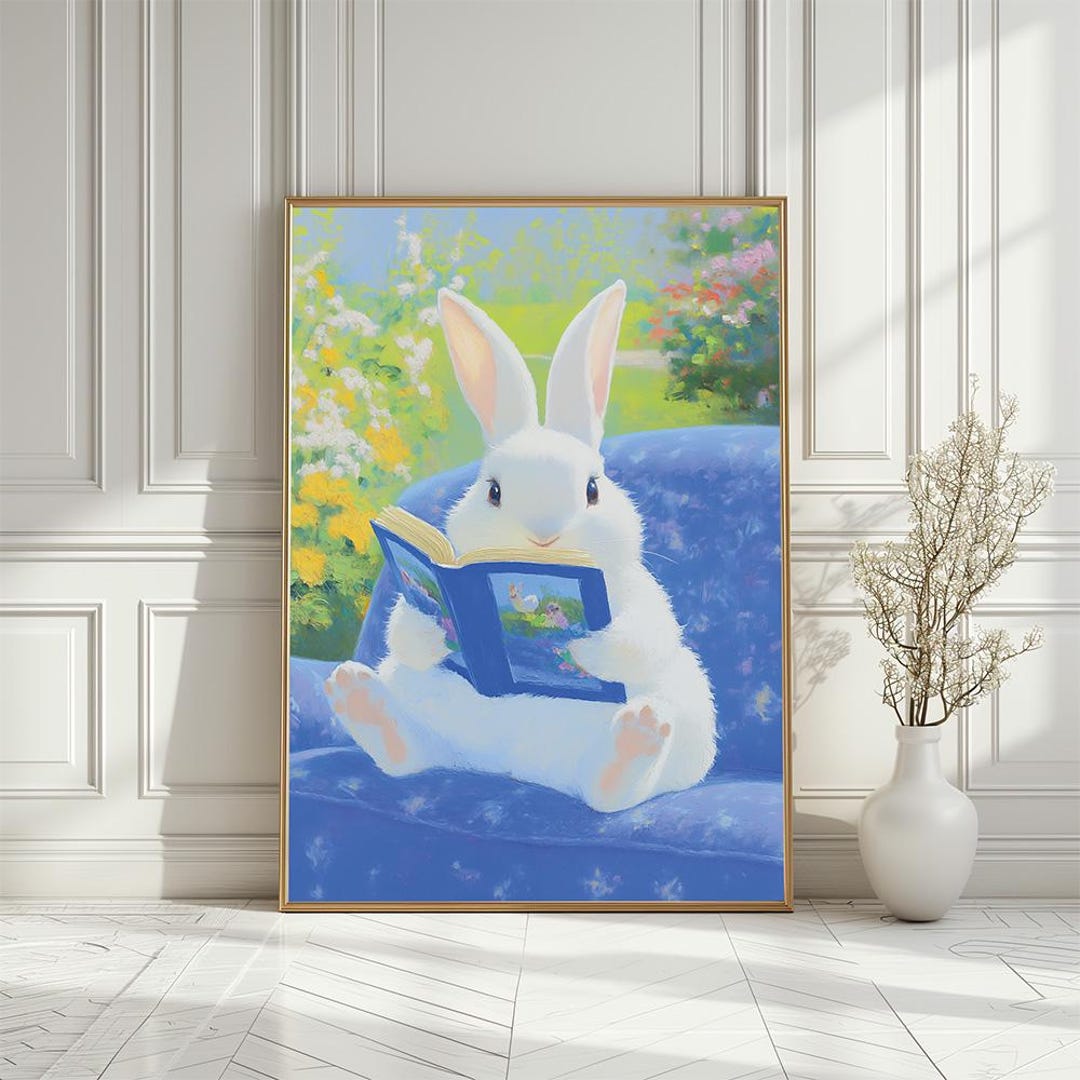 Rabbit Reading Book Nursery Art Print, Cute White Bunny Illustration ...