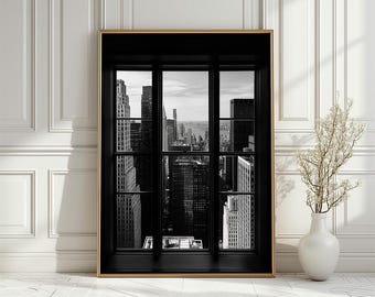 Schwarz Weiss New York City Bild: Manhattan Blick vom Fenster Kunstwerk (Digitaler Download)