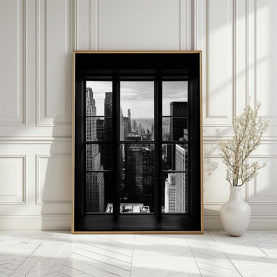 Black and White New York Cityscape Poster: Manhattan View from Window Artwork (Digital Download)