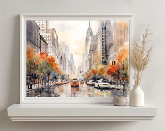Watercolor Cityscape Painting, Modern Urban Wall Art (Digital Download)