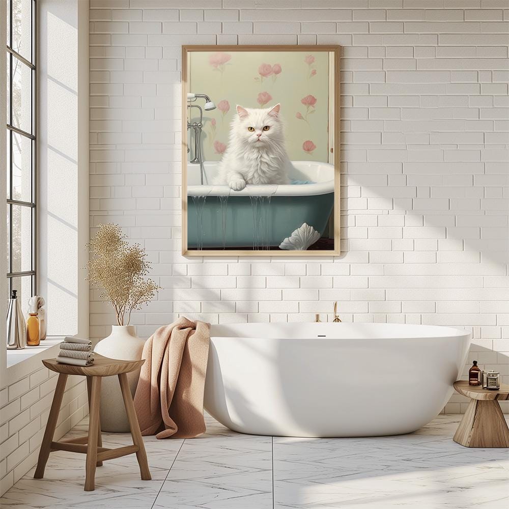 White Cat in Bathtub Print: Elegant Bathroom Wall Art (digital Download ...