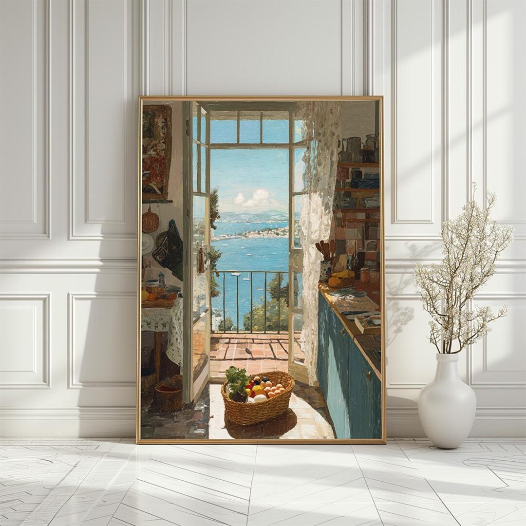 Italian Riviera Windows Italian Riviera Kitchen Scene Art Print, Mediterranean Coastal Window ...