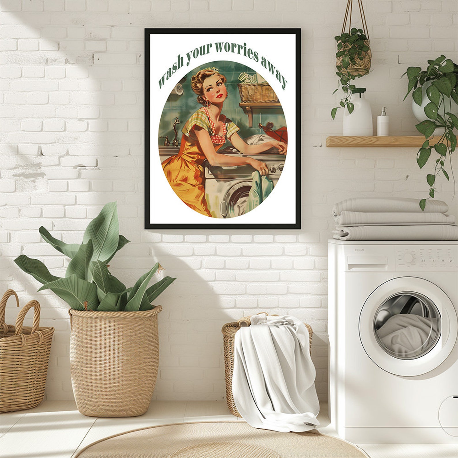 Vintage Laundry Room Art Print: Retro Woman, Washing Machine (digital ...