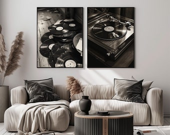 May include: Two black and white photographs of vintage vinyl records. One image shows a stack of records on a wooden floor. The other image shows a record player with a record spinning on the turntable.