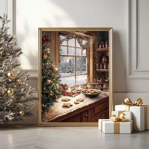 May include: A framed Christmas-themed print depicts a cozy kitchen scene with a snowy window view. A decorated Christmas tree and wrapped gifts with gold bows are in the foreground. Gingerbread cookies are on the counter.