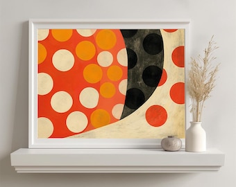 Abstrakter Kunstdruck im Mid-Century-Stil mit Polka-Dots, Wanddekoration in Orange, Creme und Schwarz (Digitaler Download)