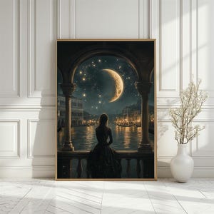 Frau in Venedig Nachthimmel Poster, Mondaufgang über Venedig Kunst, Europäische Stadt im Mondschein Wanddruck, Romantische Venezianische Nacht, Digital Download