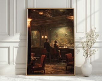 Vintage Couple in Cocktail Bar Wall Art, Romantic Noir Bar Scene Print (Digital Download)