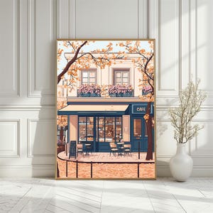 Autumn Parisian Street Cafe Illustration Poster, Cozy French Bistro Art Print, Fall Romantic Paris Inspired Wall Decor, Digital Download
