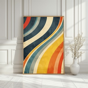 Retro Regenbogen Streifen Poster, bunte Kurven Wanddruck, abstrakte geometrische groß bedruckbar, 70er Jahre Hippie Streifen Kunstdruck, digitaler Download