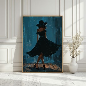 May include: A woman in a black dress and hat stands on a wooden floor with a blue background. The background has a starry effect.