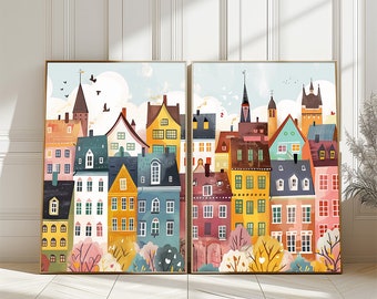 Colorful Townhouses Poster Set of 2, Scandinavian City Illustration Art Print, Modern Nordic Village Houses Printable, Digital Download