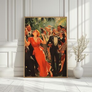 Vintage Jazz Party Kunstwerk, Retro Cocktail Night Poster, Geschenk für Jazzliebhaber, Glamouröse Swing-Ära-Tanzende Wanddruck, digitaler Download