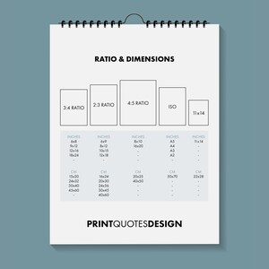 May include: A white chart with black text outlining different aspect ratios and their corresponding dimensions in inches and centimeters. The chart is titled "Ratio & Dimensions" and includes the following ratios: 3:4, 2:3, 4:5, ISO, and 11x14. The chart is labeled "PRINTQUOTESDESIGN" at the bottom.