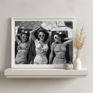 1950s Poolside Print: Retro Sunbathing Women in Swimsuit Fashion (Digital Download)