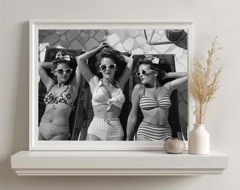 1950s Poolside Print: Retro Sunbathing Women in Swimsuit Fashion (Digital Download)