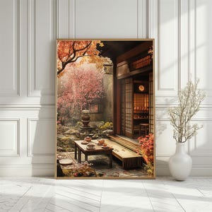 Ruhiger Teegarten Kunstdruck, Herbst Thema Zen Garten Kunstwerk, Japanische Teezeremonie Szene, Perfektes Esszimmer druckbare, digitaler Download
