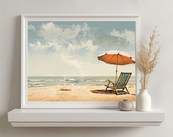 Vintage Strand Art Print, Retro Seaside Umbrella, Küstenwand Kunst (Digitaler Download)