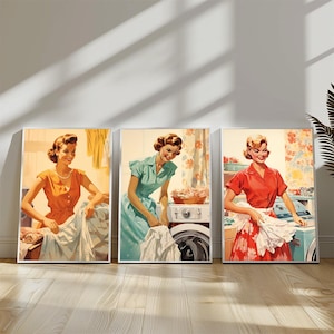 Lámina artística de "Lavanderas Vintage", póster retro de ama de casa (descarga digital)