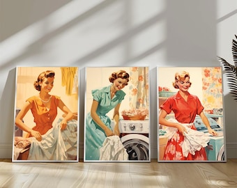 Vintage Laundry Ladies Art Print, Retro Housewife Poster Set (Digital Download)
