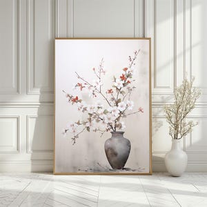 Elegante impresión floral para pared, impresión botánica de colores suaves, decoración minimalista y moderna para el hogar, póster contemporáneo con flores en jarrón, descarga digital