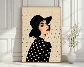 婦人　パステル　オシャレ　絵画 11 Stylish Woman With Polka Dots Dress Poster, Fashion Art