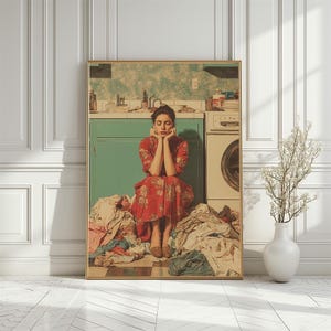 Vintage Laundry Room Chaos Art Print, Funny 1950s Housewife Poster, Retro Domestic Scene Artwork, Laundry Room Decor, Digital Download