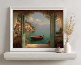 Italienischer Seeblick Kunstdruck, mediterrane Fensterlandschaft mit Seeblick als Wanddeko (Digitaler Download)