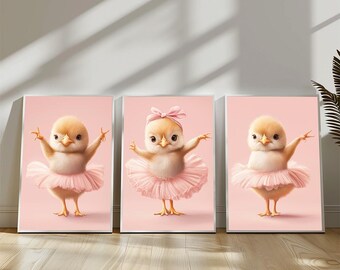 Rosa Ballerina Küken Kinderzimmer Poster Set: Ballett-Tänzerin Kunstdruck (Digitaler Download)