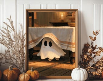 Kunstdruck „Kleiner Geist versteckt sich unter dem Tisch“, lustiges Vintage-Halloween-Poster (Digitaler Download)