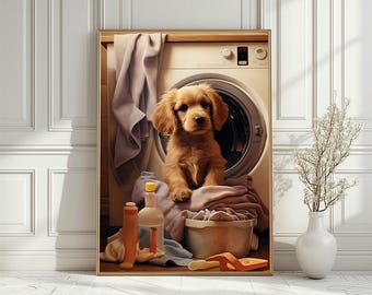 Cute Dog with Washing Machine Laundry Print, Puppy on Laundry Wall Print, Digital Download