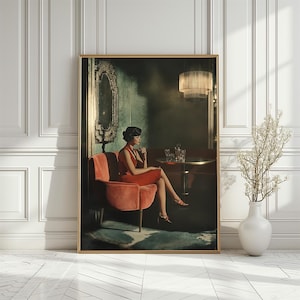 Vintage rotes Kleid Lady Kunstdruck, 1920er Jahre Stil elegante Frau Poster, Retro Noir Lounge zum Ausdrucken, Cocktail Jazz Bar Dekor, digitaler Download
