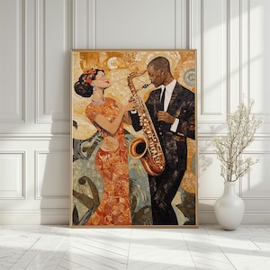 Vintage Jazz Szene Kunstwerk, Romantisches Paar mit Saxophon Mosaik Poster, Geschenk für Jazz Liebhaber, Lebendiges Musik Thema Wanddruck, Digital Download