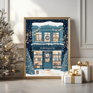 Winter boekhandel illustratie poster, besneeuwde vakantie boekhandel Art Print, moderne kerstkaart, kerstcadeau boekenliefhebbers, digitale download