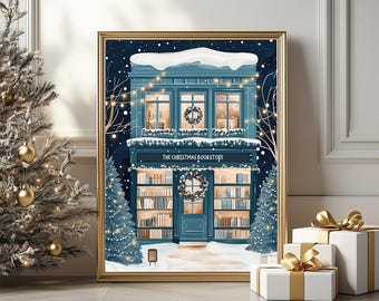 May include: A blue and white illustration of a bookstore with snow on the roof and the words "The Christmas Bookstore" above the door. The windows are filled with books and there are Christmas lights and wreaths.