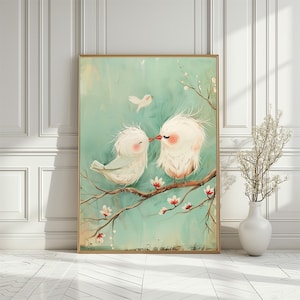 Impresión de guardería con una linda madre y un pájaro bebé en una rama de árbol, adorable póster de familia de pájaros arrendajos en colores suaves, decoración neutra para habitación de bebé, descarga digital