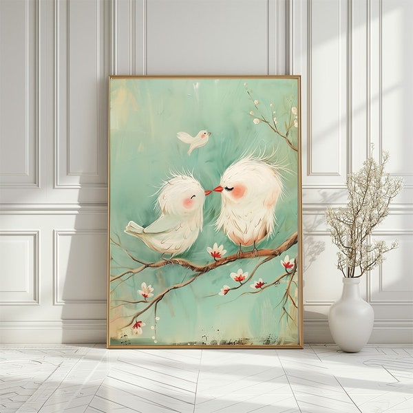 Cute Mother and Baby Bird on Tree Branch Nursery Print, Adorable Jaybird Family Soft Color Poster, Neutral Baby Room Decor, Digital Download