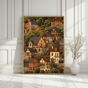 Rustic Countryside Wall Art, Charming Medieval Village Poster, Vintage European Town Artwork, Picturesque Houses Art Print, Digital Download