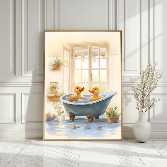 Enten in der Badewanne Illustration, Badezimmer Kinderzimmer Druck (Digitaler Download)