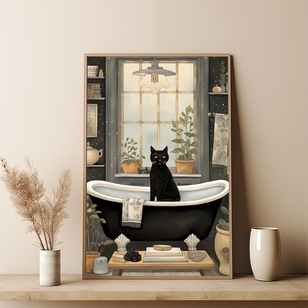 Black Cat in Bathtub Illustration: Chic Bathroom Wall Print (digital ...