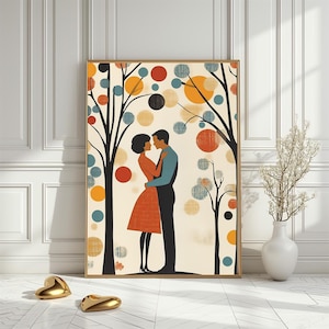 Impressão de arte de casal romântico de meados do século, cartão retrô de dia dos namorados, decoração romântica para casa, pôster colorido de inspiração vintage, download digital