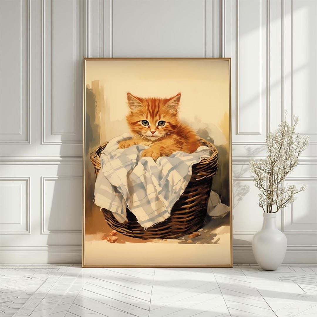 Cat on Laundry Basket Art Print, Yellow Cat With Laundries Printable ...