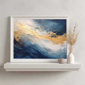 Navy Gold Abstract Art Print, Modern Fluid Wall Decor (Digital Download)