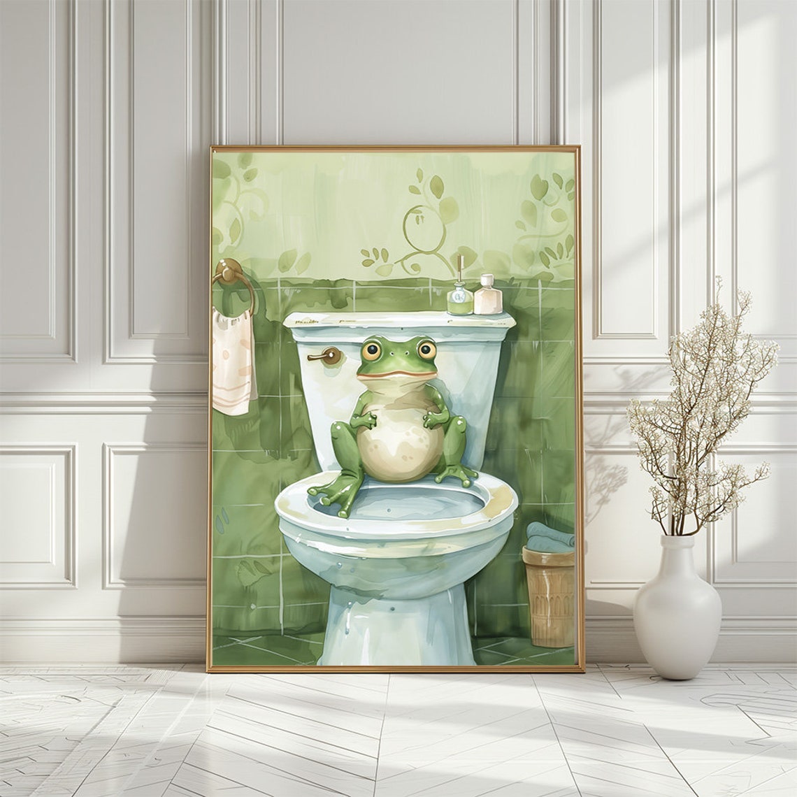 Adorable Frog in Toilet Bathroom Print, Animal Art for Kids Bathroom ...