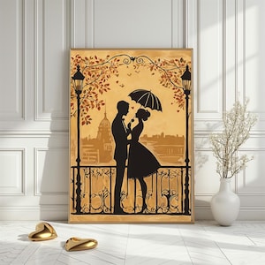 Impresión artística de silueta de pareja romántica vintage, elegante tarjeta de San Valentín, escena de amor parisina imprimible, regalo para amantes, descarga digital