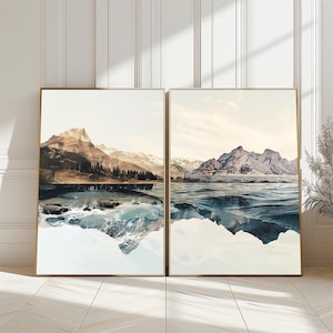 Mountain Landscape Poster Set of 2, Tranquil Sea and Peaks Art Print, Relaxing Nature Themed Painting, Mountain View Art, Digital Download