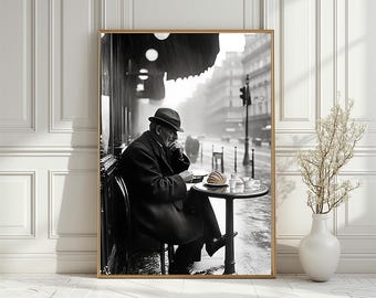 Black and White Vintage Cafe Scene Poster, Old Man in a Street Cafe Art Print, Rainy French Street Retro Restaurant Decor, Digital Download