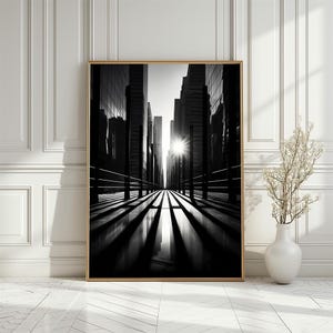 Black and White Cityscape Poster, Urban Reflections Art Print (Digital Download)