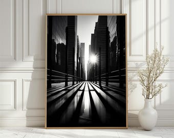Black and White Cityscape Poster, Urban Reflections Art Print (Digital Download)